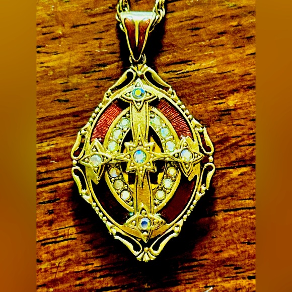 Vatican Library Gold Tone, Enamel and Rhinestone Cross Pendant Locket - Picture 1 of 8